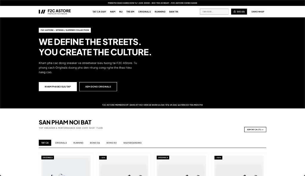 F2C AStore — Nền Tảng E-Commerce Bán Giày & Streetwear Monochrome UI